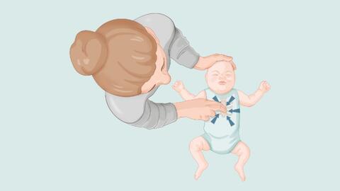 Grafik: Frau führt Zwei-FInger-Technik bei der Herzdruckmassage durch