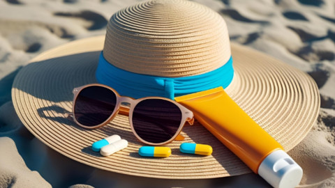 Ein Sonnenhut liegt im Sand und darauf verteilt sind Sonnencreme ud Medikamente