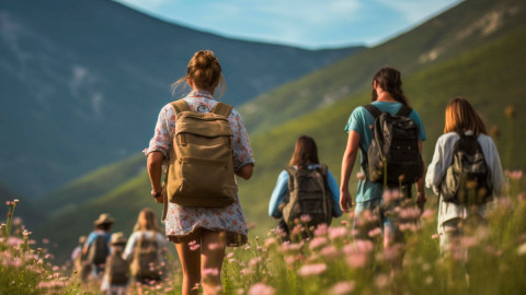 Eine Gruppe junger Erwachsener wandert in einem Blumenfeld in alpiner Kulisse.