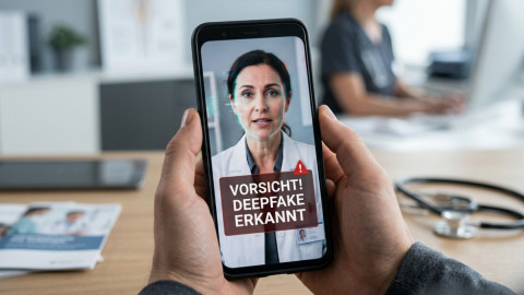 Smartphone mit Video eines Arztes auf dem Bildschirm, überlagert von digitalen Störelementen und einem Warnhinweis auf möglichen Deepfake.